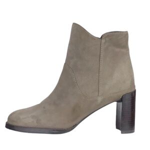 Stuart Weitzman Mcclean Suede Taupe Heeled Ankle Boot with Crescent Heel